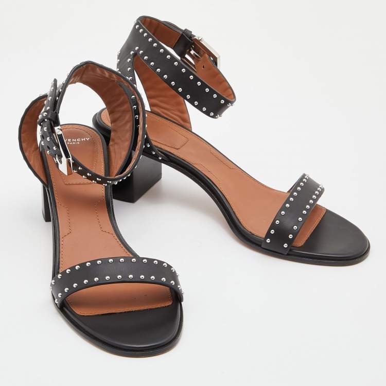Pre Owned Givenchy Black Studded Leather Block Heel Ankle Strap Sandals Size 40