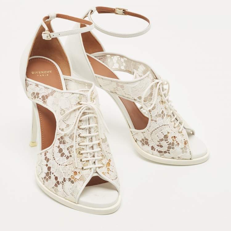 Pre Owned Givenchy White Lace and Leather Lace Up Ankle Strap Sandals Size 38