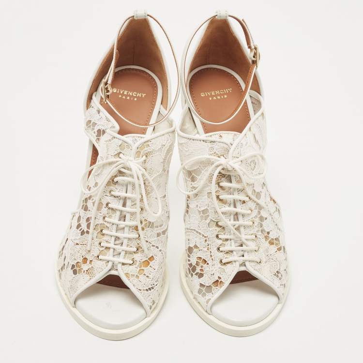 Pre Owned Givenchy White Lace and Leather Lace Up Ankle Strap Sandals Size 38