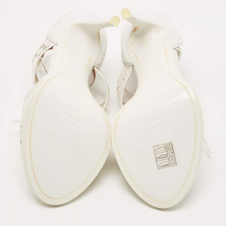 Pre Owned Givenchy White Lace and Leather Lace Up Ankle Strap Sandals Size 38