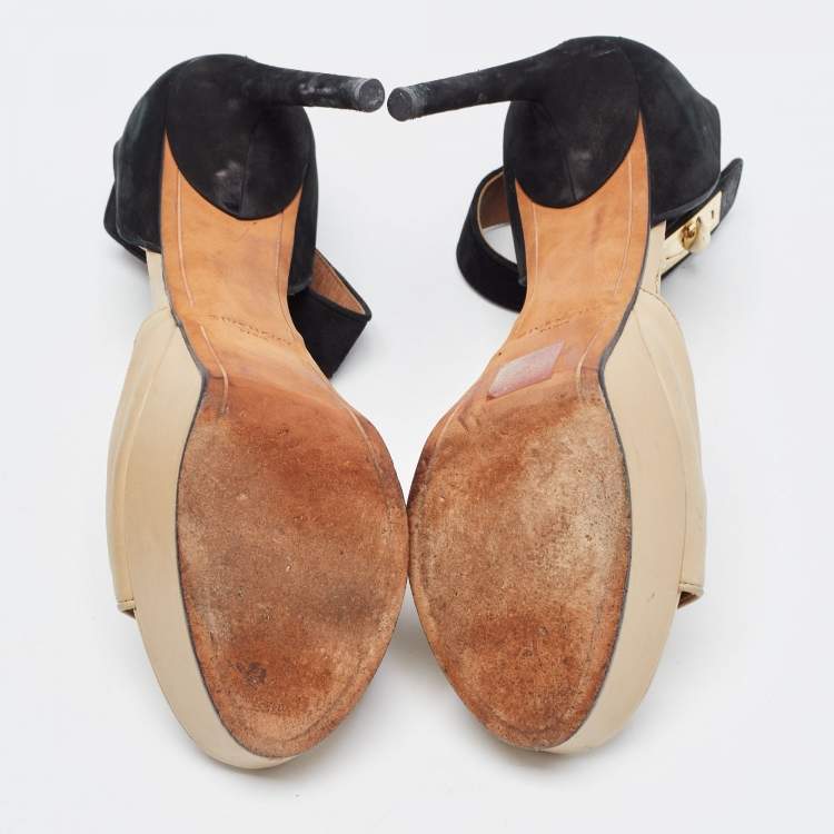 Pre Owned Givenchy Beige/Black Leather and Suede Shark Lock Ankle Strap Sandals Size 40