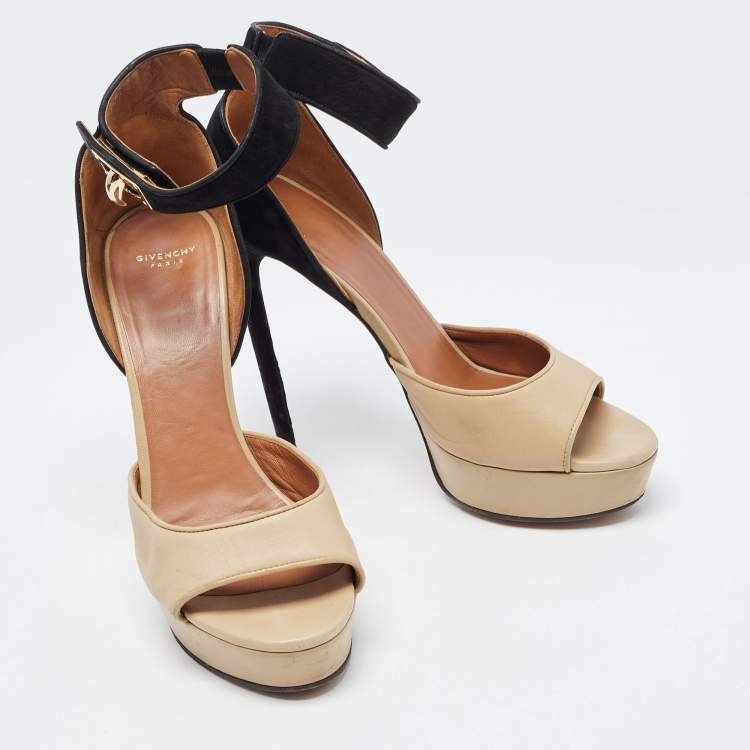 Pre Owned Givenchy Beige/Black Leather and Suede Shark Lock Ankle Strap Sandals Size 40