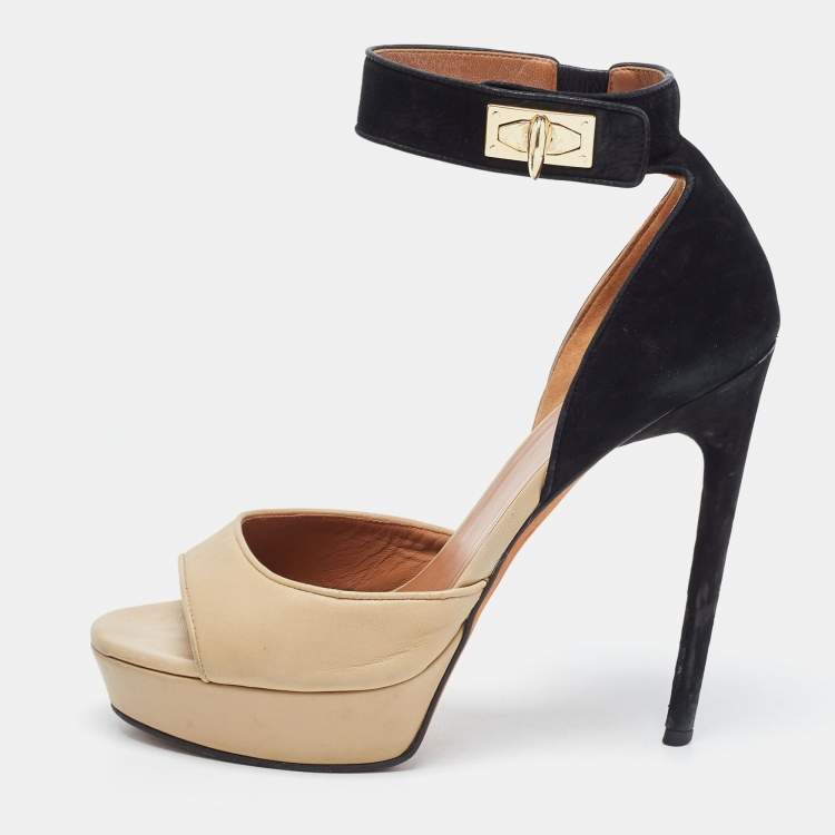 Pre Owned Givenchy Beige/Black Leather and Suede Shark Lock Ankle Strap Sandals Size 40