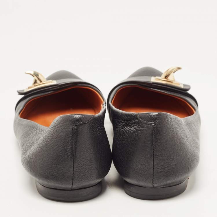 Pre Owned Givenchy Black Leather Shark Tooth Buckle Ballet Flats Size 39.5