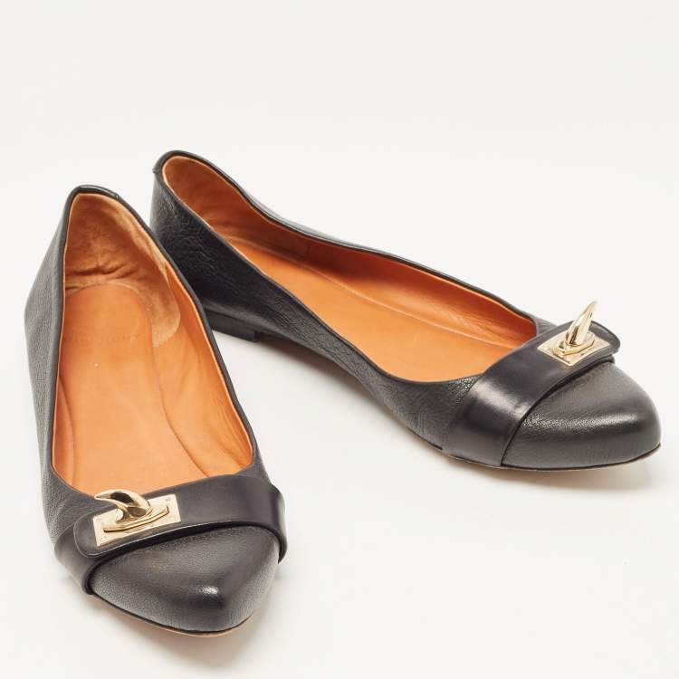 Pre Owned Givenchy Black Leather Shark Tooth Buckle Ballet Flats Size 39.5