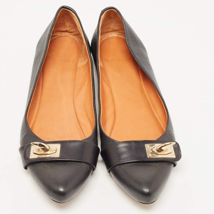 Pre Owned Givenchy Black Leather Shark Tooth Buckle Ballet Flats Size 39.5
