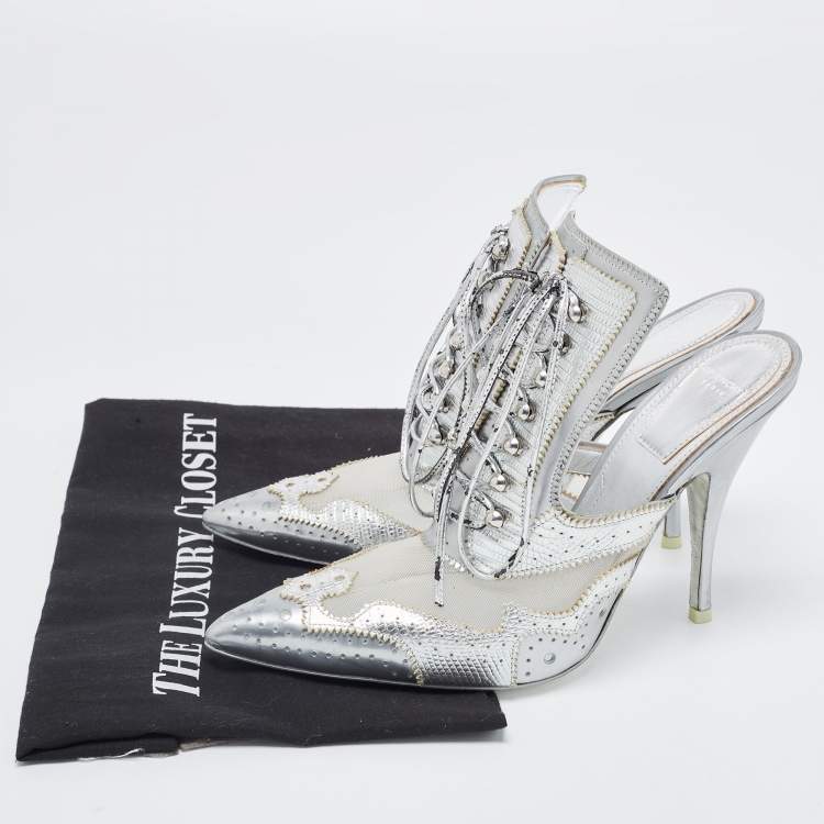 Pre Owned Givenchy Silver Lizard Embossed Leather and Mesh Pointed Toe Mules Size 38
