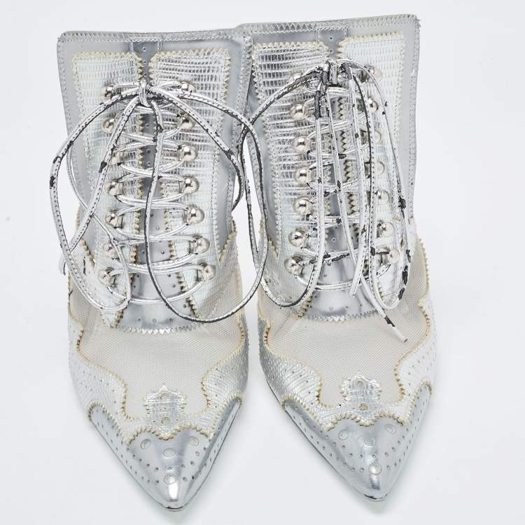 Pre Owned Givenchy Silver Lizard Embossed Leather and Mesh Pointed Toe Mules Size 38