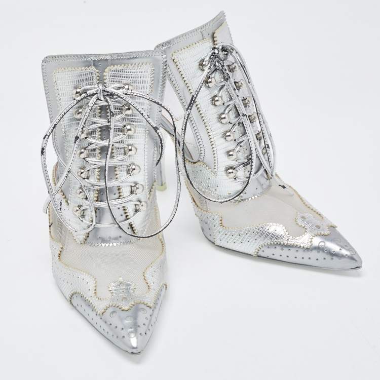 Pre Owned Givenchy Silver Lizard Embossed Leather and Mesh Pointed Toe Mules Size 38