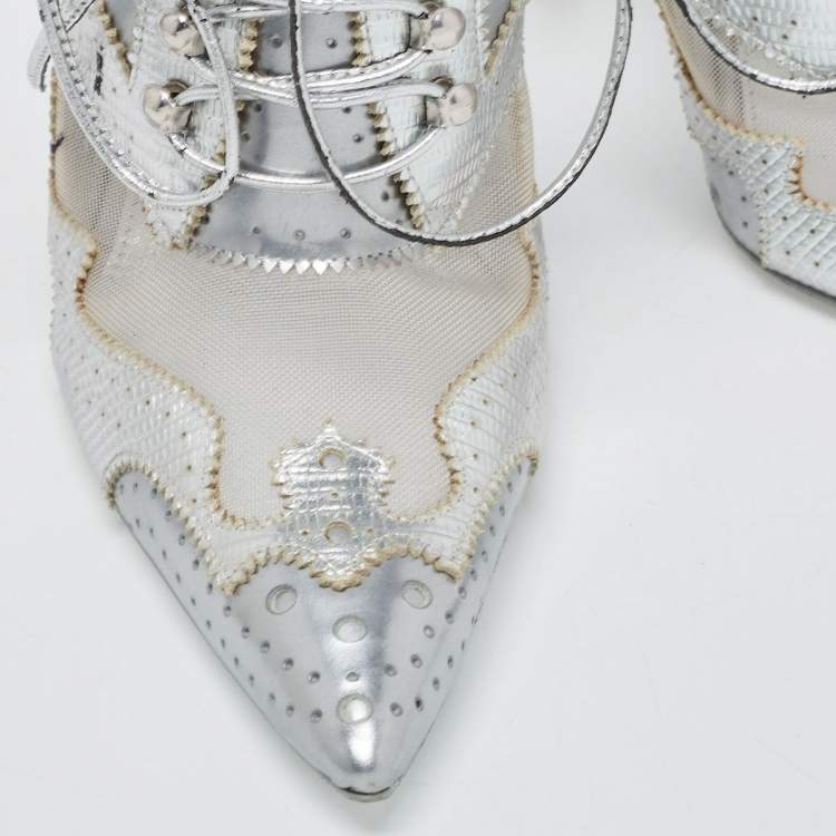 Pre Owned Givenchy Silver Lizard Embossed Leather and Mesh Pointed Toe Mules Size 38