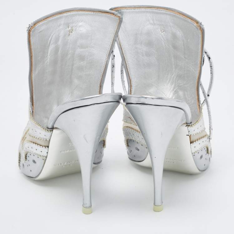 Pre Owned Givenchy Silver Lizard Embossed Leather and Mesh Pointed Toe Mules Size 38