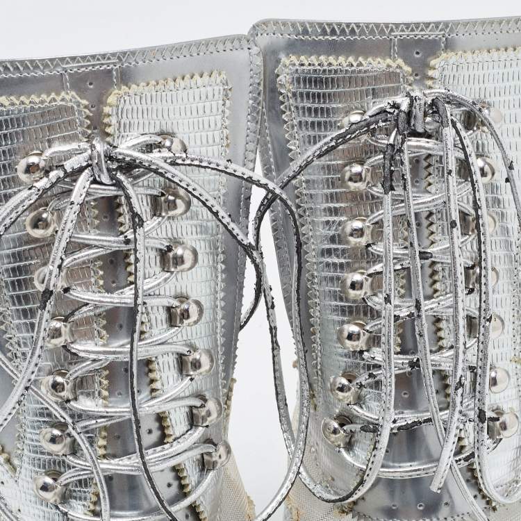 Pre Owned Givenchy Silver Lizard Embossed Leather and Mesh Pointed Toe Mules Size 38