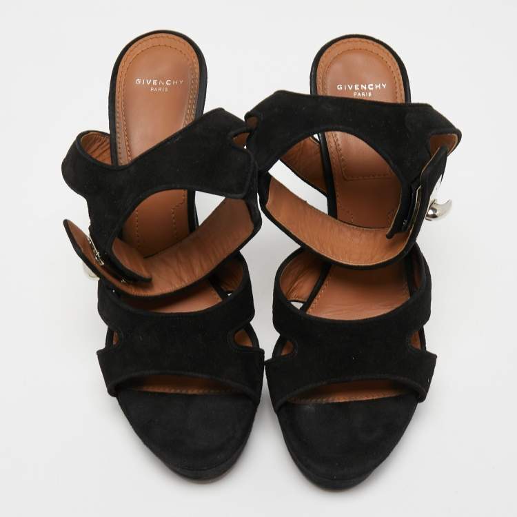 Pre Owned Givenchy Black Suede Shark Lock Ankle Strap Sandals Size 39