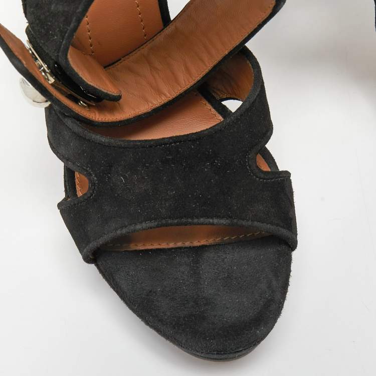 Pre Owned Givenchy Black Suede Shark Lock Ankle Strap Sandals Size 39