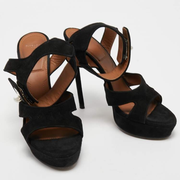 Pre Owned Givenchy Black Suede Shark Lock Ankle Strap Sandals Size 39