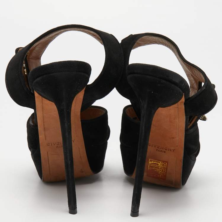 Pre Owned Givenchy Black Suede Shark Lock Ankle Strap Sandals Size 39