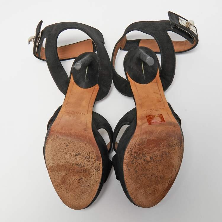 Pre Owned Givenchy Black Suede Shark Lock Ankle Strap Sandals Size 39