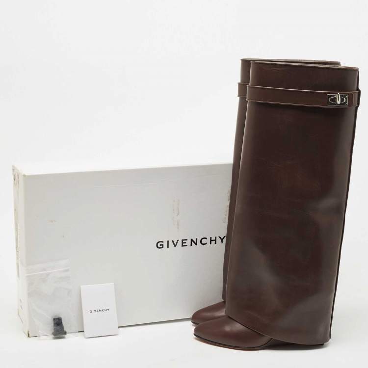 Pre Owned Givenchy Brown Leather Shark Lock Wedge Knee High Boots Size 39.5