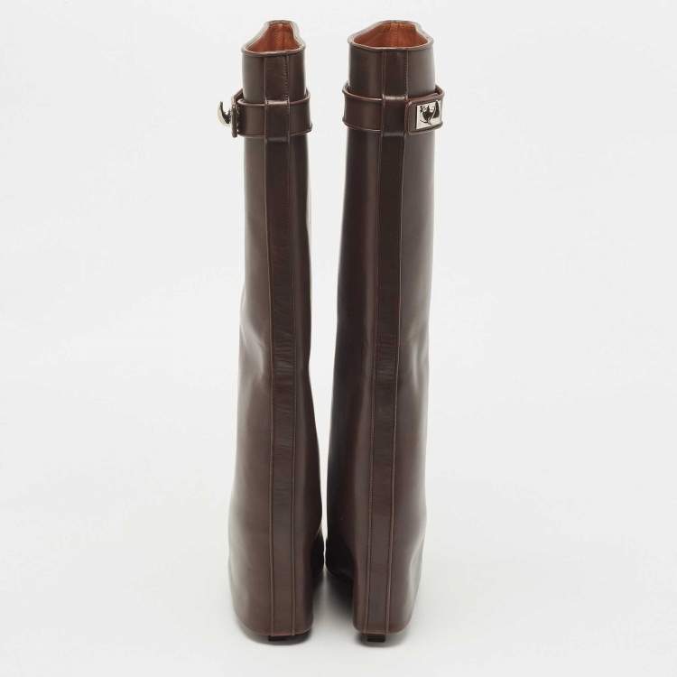 Pre Owned Givenchy Brown Leather Shark Lock Wedge Knee High Boots Size 39.5