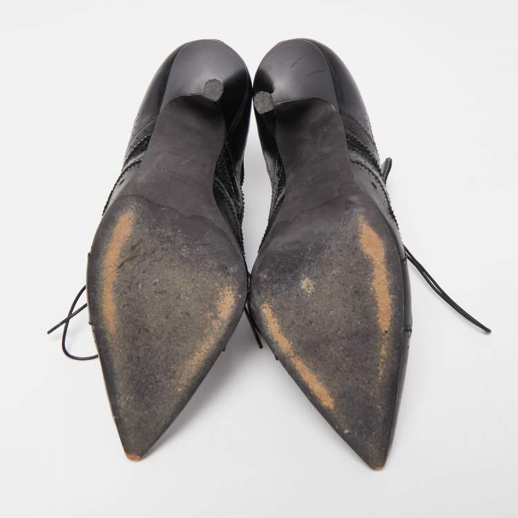 Pre Owned Givenchy Black Leather and Lace Pointed Toe Ankle Booties Size 39