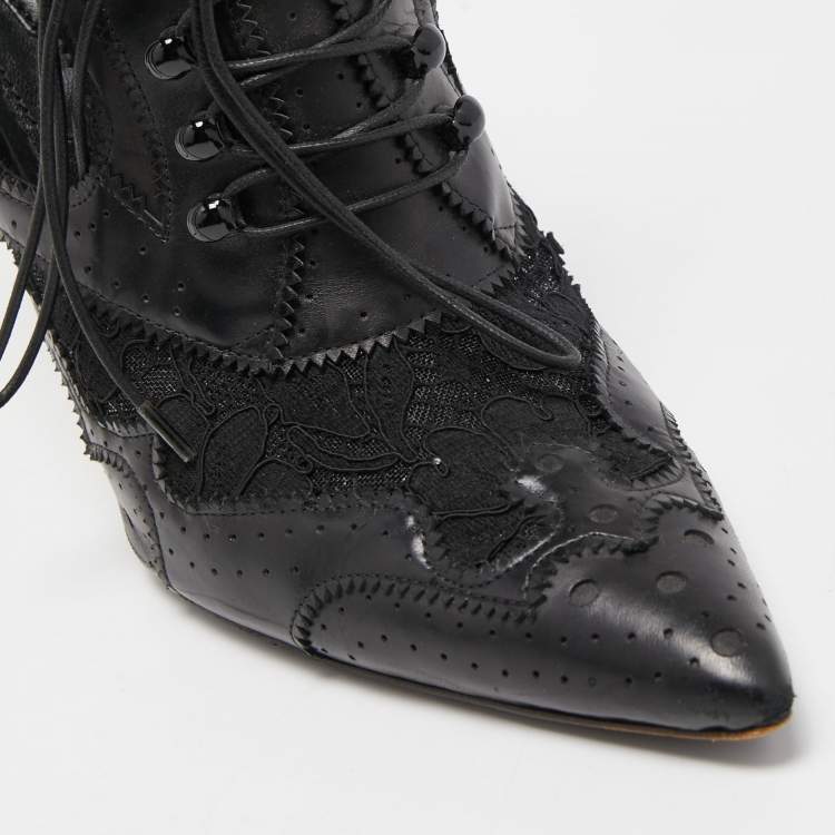 Pre Owned Givenchy Black Leather and Lace Pointed Toe Ankle Booties Size 39