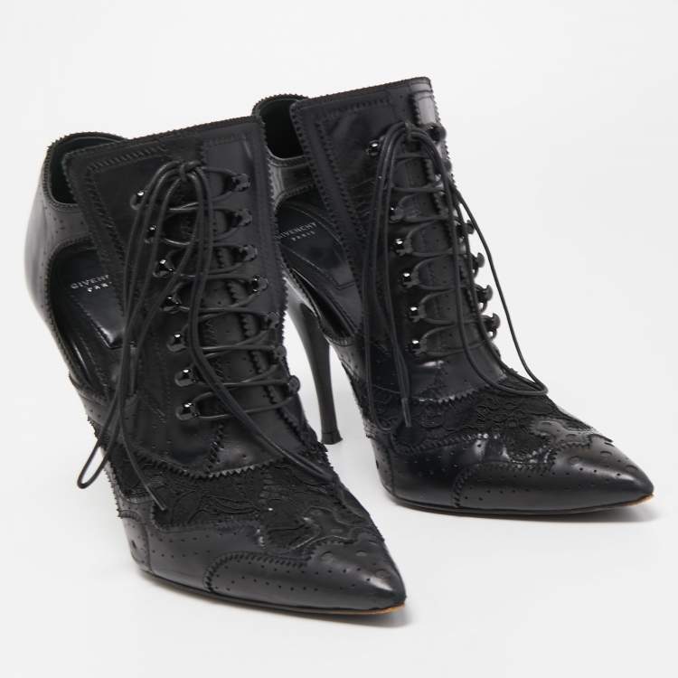 Pre Owned Givenchy Black Leather and Lace Pointed Toe Ankle Booties Size 39