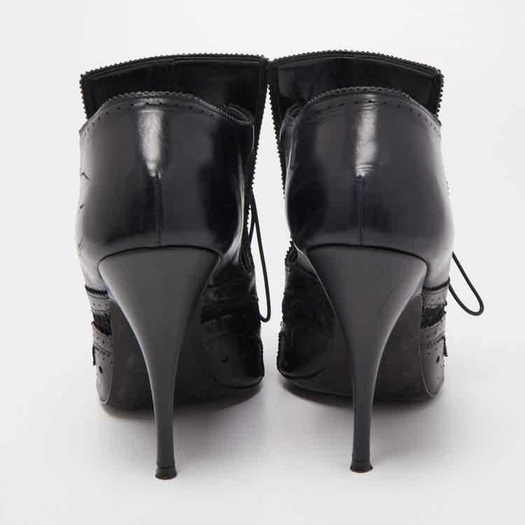 Pre Owned Givenchy Black Leather and Lace Pointed Toe Ankle Booties Size 39