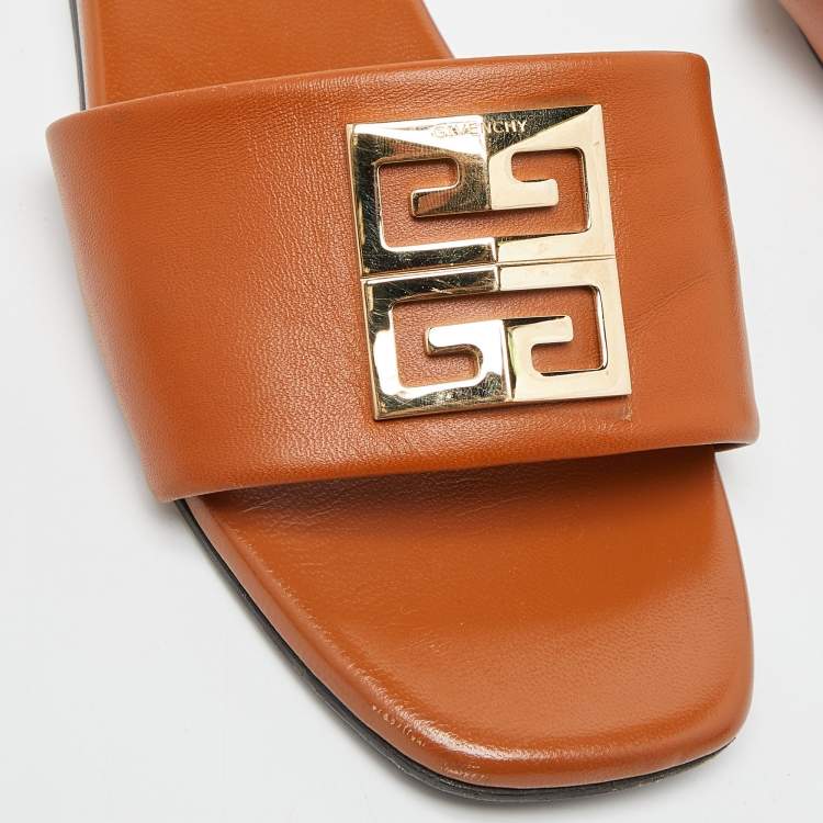 Pre Owned Givenchy Beige Leather 4G Flat Slides Size 38.5