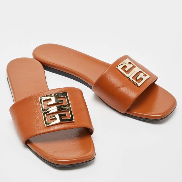 Pre Owned Givenchy Beige Leather 4G Flat Slides Size 38.5