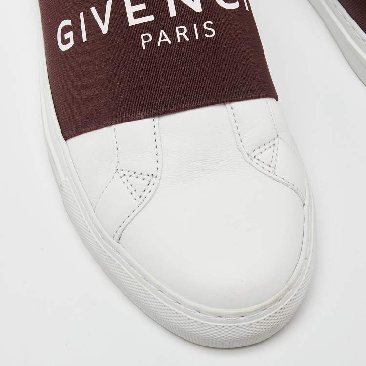 Pre Owned Givenchy White/Burgundy Leather and Logo Stretch Band Urban Street Slip On Sneakers Size 38