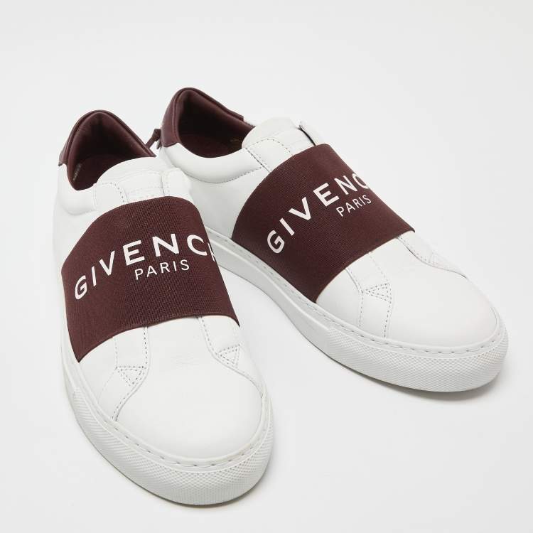 Pre Owned Givenchy White/Burgundy Leather and Logo Stretch Band Urban Street Slip On Sneakers Size 38