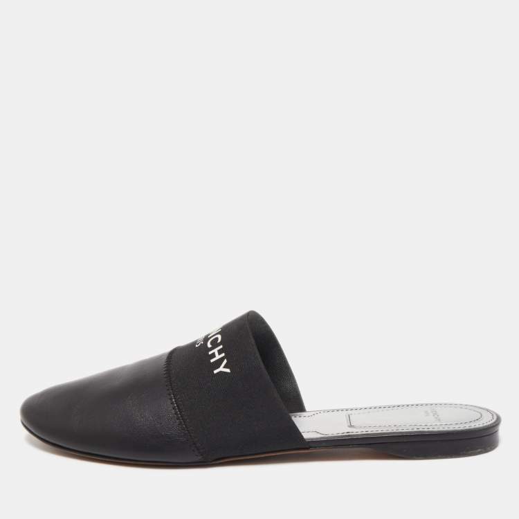 Pre Owned Givenchy Black Leather Logo Mules Size 40