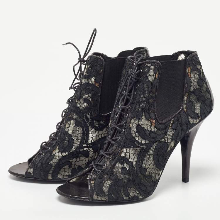 Pre Owned Givenchy Black Lace Open Toe Lace Up Ankle Booties Size 39.5