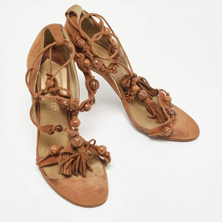 Pre Owned Givenchy Brown Suede Ankle Tie Sandals Size 37.5
