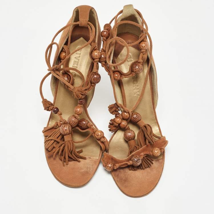 Pre Owned Givenchy Brown Suede Ankle Tie Sandals Size 37.5