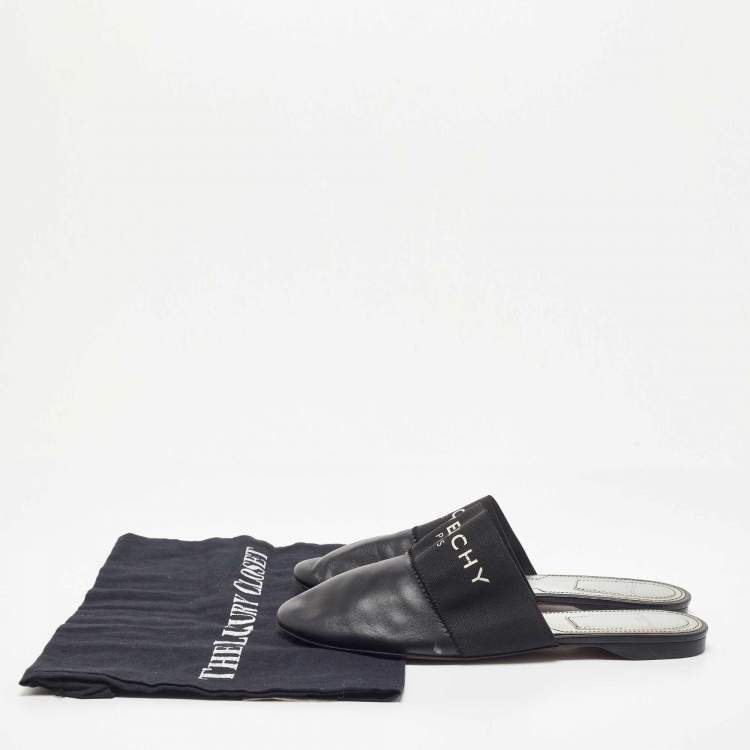 Pre Owned Givenchy Black Leather and Elastic Bedford Logo Mules Size 37.5