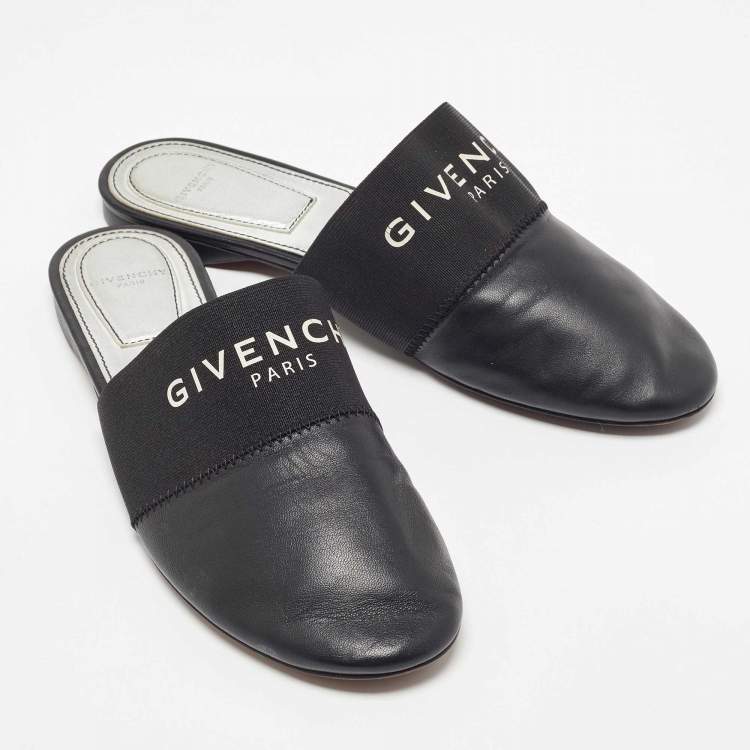 Pre Owned Givenchy Black Leather and Elastic Bedford Logo Mules Size 37.5