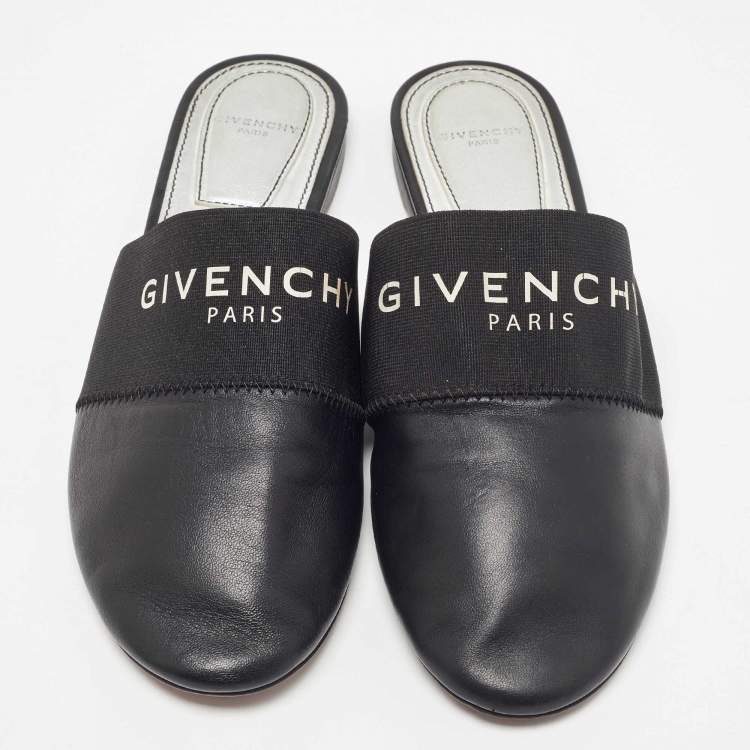 Pre Owned Givenchy Black Leather and Elastic Bedford Logo Mules Size 37.5