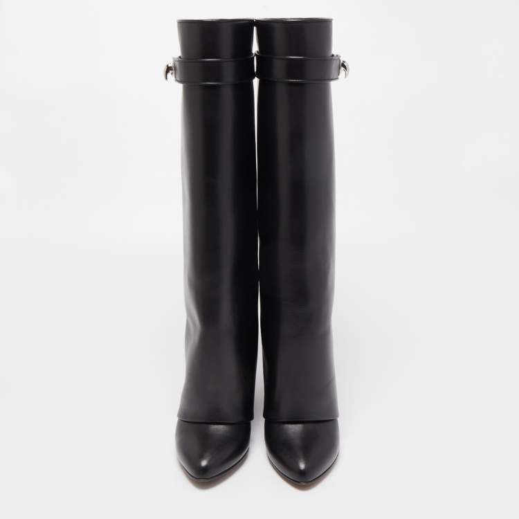 Pre Owned Givenchy Black Leather Shark Lock Knee Length Boots Size 37