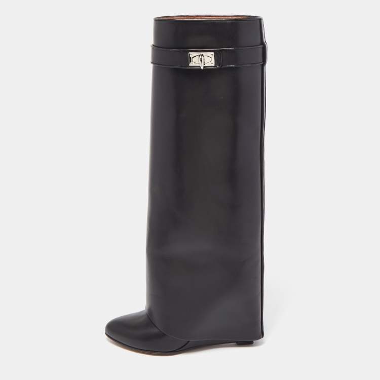 Pre Owned Givenchy Black Leather Shark Lock Knee Length Boots Size 37