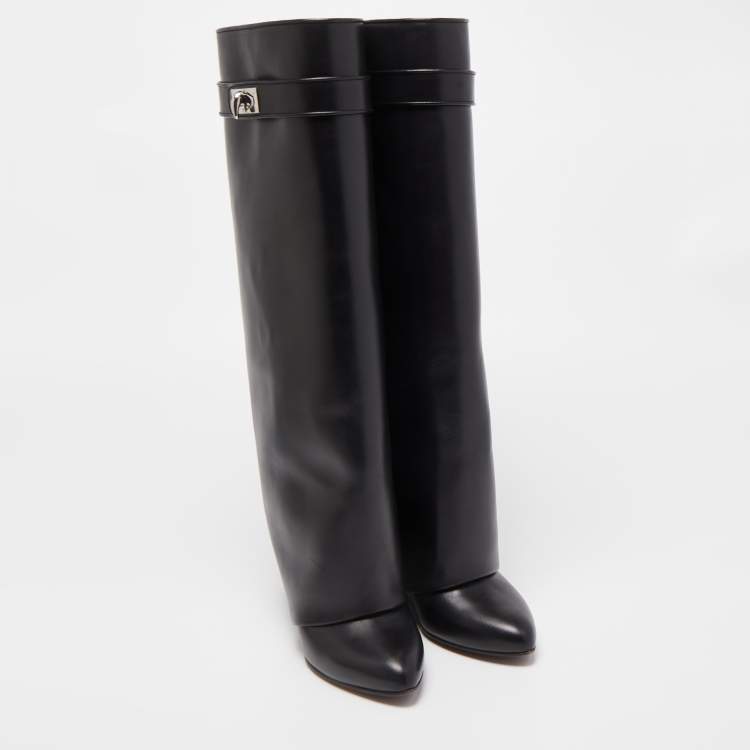 Pre Owned Givenchy Black Leather Shark Lock Knee Length Boots Size 37