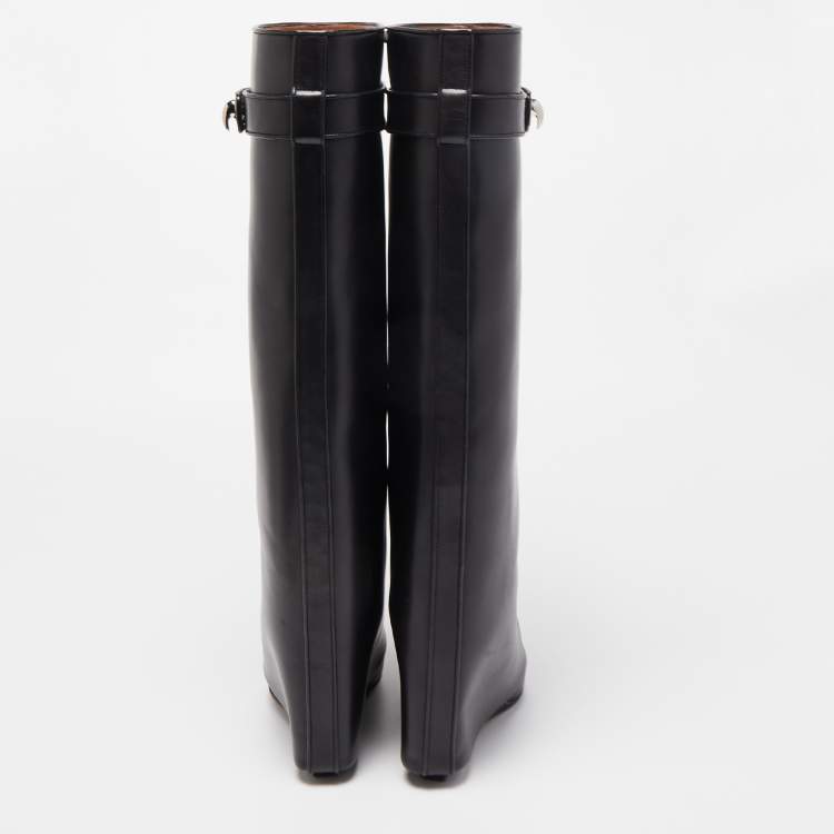 Pre Owned Givenchy Black Leather Shark Lock Knee Length Boots Size 37