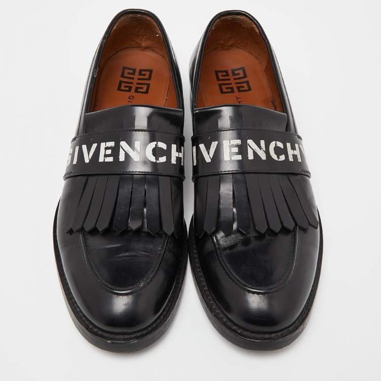 Pre Owned Givenchy Black Leather Fringe Detail Slip On Loafers Size 45