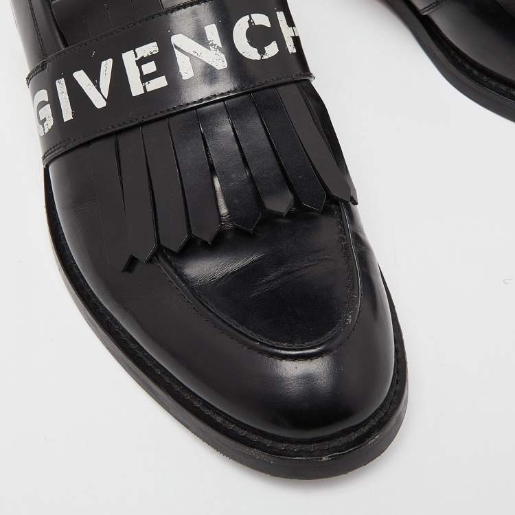 Pre Owned Givenchy Black Leather Fringe Detail Slip On Loafers Size 45