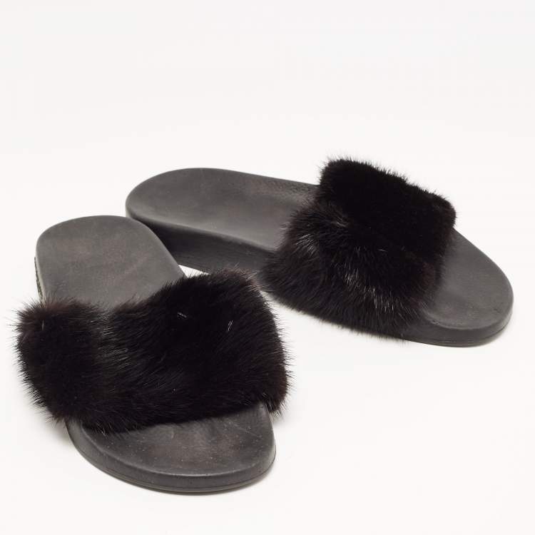 Pre Owned Givenchy Black Mink Fur Pool Slide Sandals Size 39
