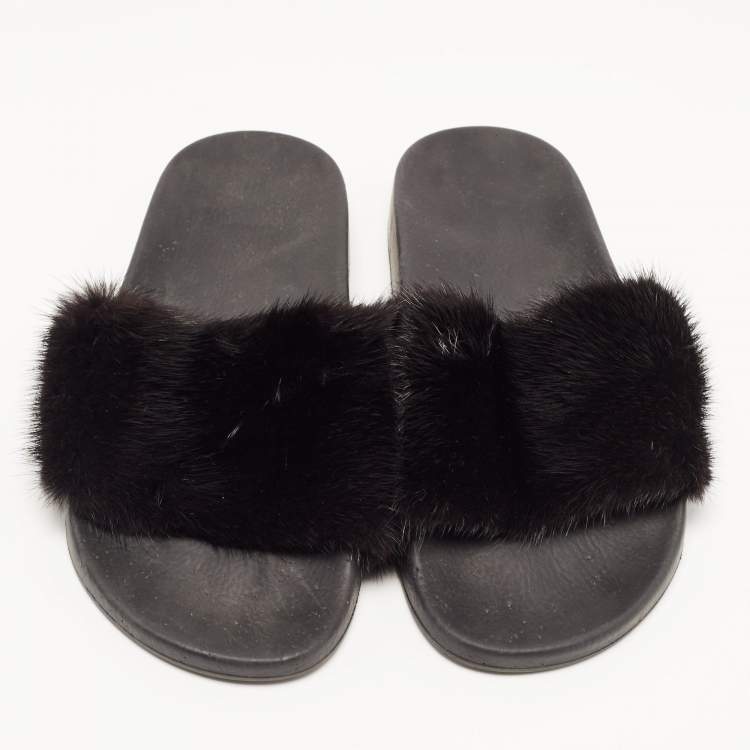 Pre Owned Givenchy Black Mink Fur Pool Slide Sandals Size 39