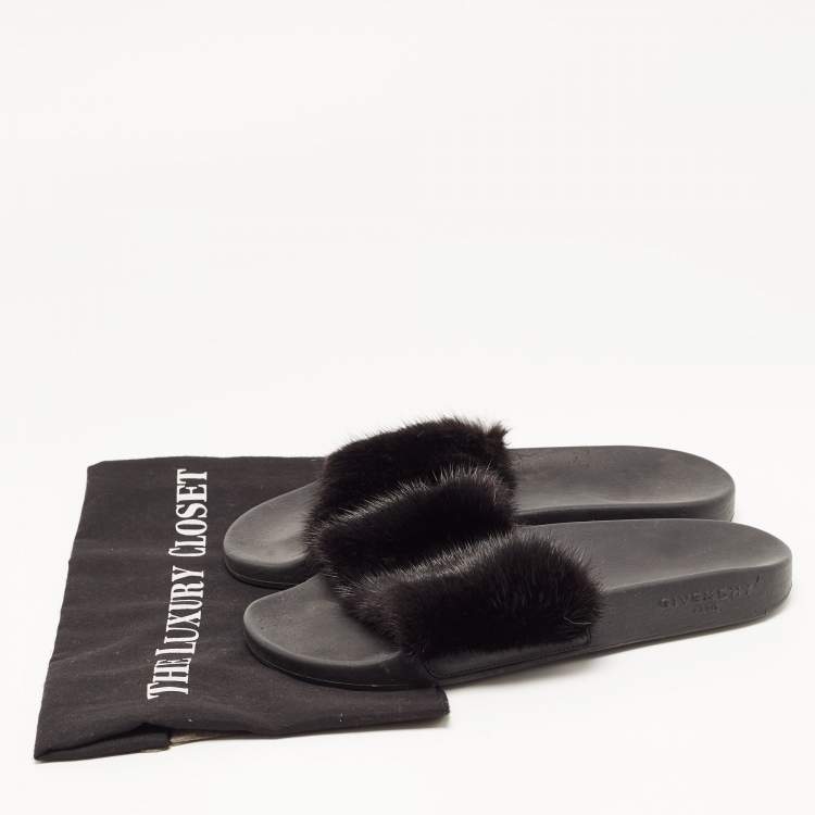 Pre Owned Givenchy Black Mink Fur Pool Slide Sandals Size 39