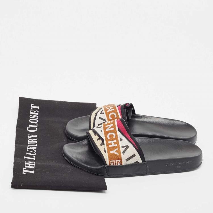 Pre Owned Givenchy Multicolor Canvas Logo Flat Slide Sandals Size 36