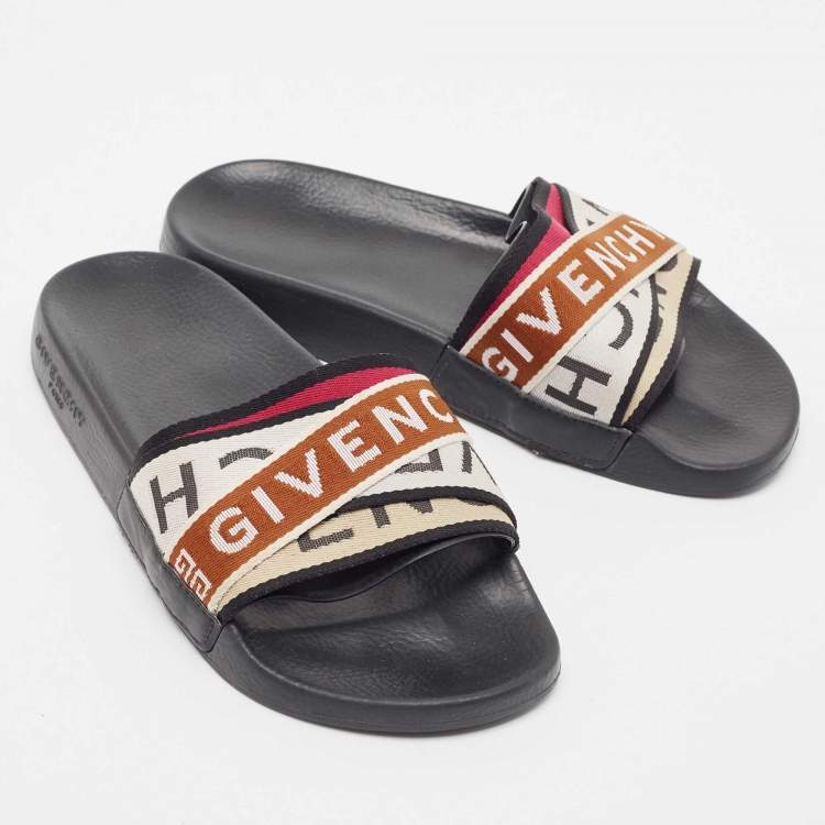 Pre Owned Givenchy Multicolor Canvas Logo Flat Slide Sandals Size 36