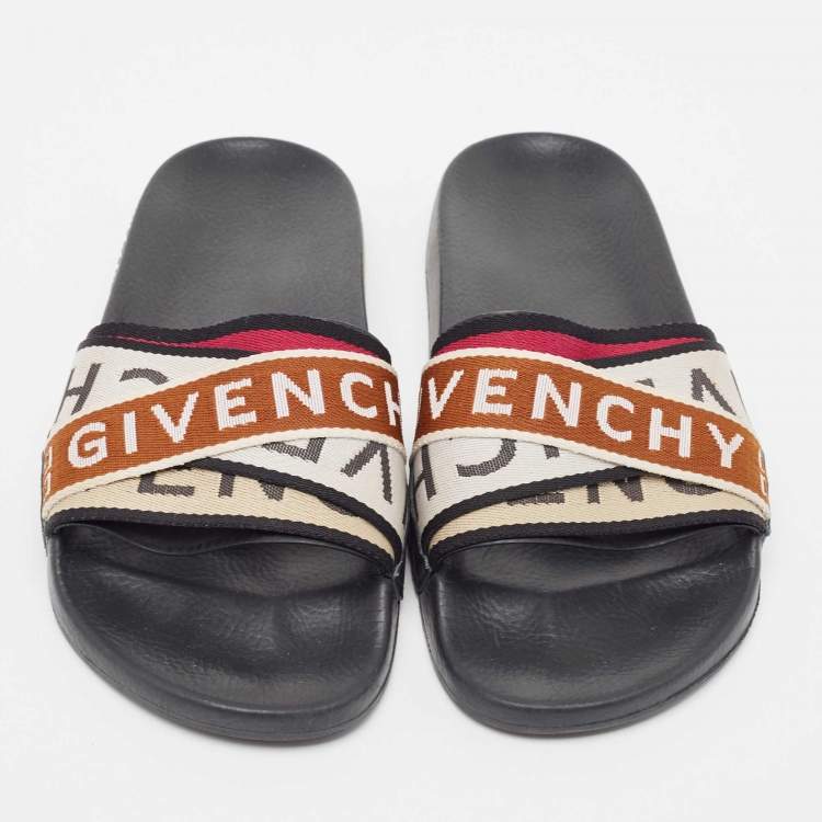 Pre Owned Givenchy Multicolor Canvas Logo Flat Slide Sandals Size 36